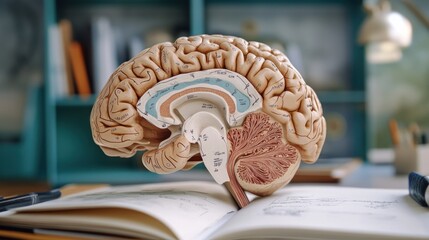 Detailed anatomical brain model displayed on a laboratory desk, featuring precise annotations of the limbic system, including hippocampus and amygdala, for neuroscience and medical studies.