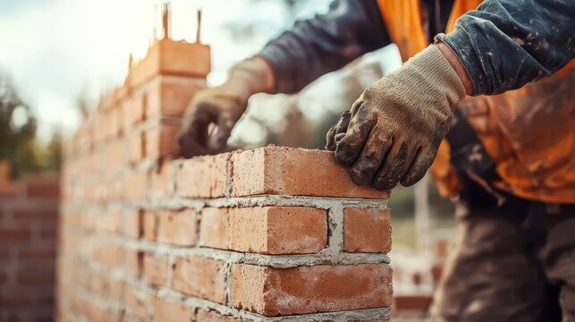 Close up of industrial bricklayer installing bricks on construction site