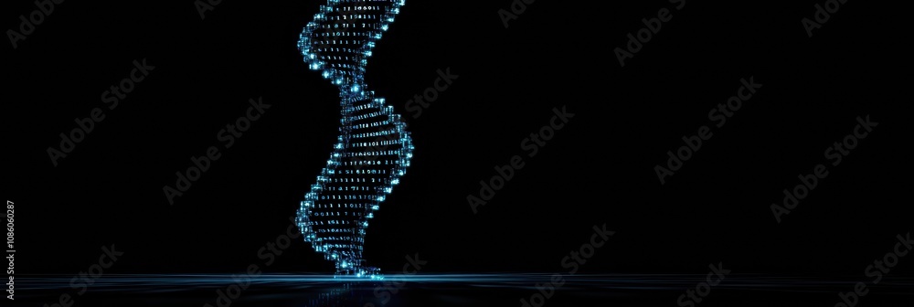 Poster a glowing blue dna double helix is swirling elegantly in the dark, representing the complexity of ge