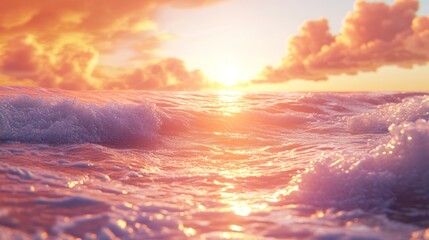 Obraz premium Golden sunset over the ocean, with foamy waves and a reflection of the sun.