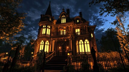 Fototapeta premium A grand Victorian mansion with a spooky ambiance, lit up with warm yellow light, stands in the middle of a dark and mysterious forest.
