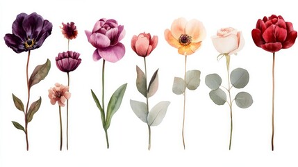 Watercolor botanical illustration featuring eucalyptus tulip peony rose anemone and leaves with natural elements isolated on a white background