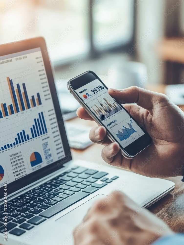 Poster business man trader investor analyst using mobile phone app analytics for cryptocurrency financial m