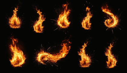 Fototapeta premium Set of fire flames on black background, burning visual effect