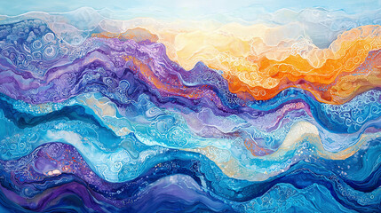 Fototapeta premium Dynamic, colorful abstract waves in overlapping layers, featuring a harmonious blend of blues, purples, and oranges, intricate details, ultra-realistic