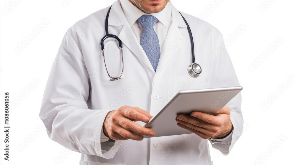 Poster a doctor in a white coat focuses on a tablet, checking patient details and records in a clinical set