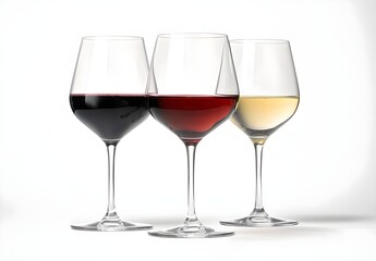 Three Elegant Wine Glasses Displaying Red and White Wine on a White Background, Perfect for Celebrations, Events, or Gastronomic Themes in Stock Photography