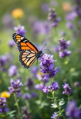 Naklejka premium Monarch butterfly feeding on purple flowers in a meadow