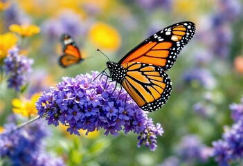 Obraz premium Monarch butterfly feeding on purple flower in summer garden