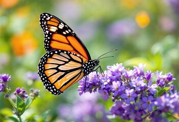 Obraz premium Monarch butterfly feeding on purple flowers in a colorful garden