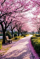 Blooming cherry trees line picturesque walkway in city park