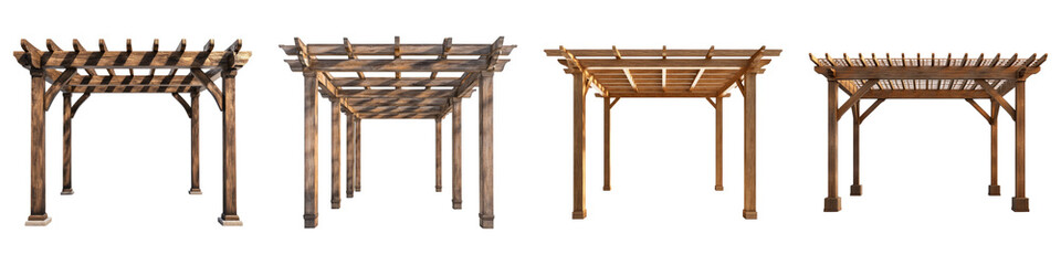 Premium wooden pergola design isolated on transparent background, Set of