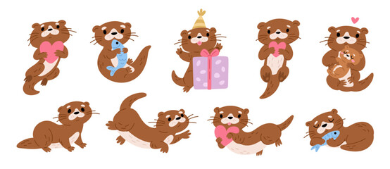 Fototapeta premium Sea otters characters. Funny water animals. Cute little marine mammals. Different poses and actions. Kids kawaii mascot. Cartoon creature holding fish or love heart. Garish vector set