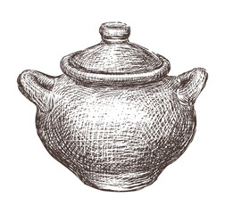 Hand drawn vintage clay saucepan with two handles and cover, vector sketch isolated on white