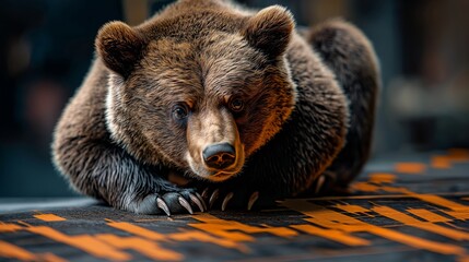 Obraz premium Close-Up of a Brown Bear Resting Against a Background with Abstract Stock Market Graphics Symbolizing Bearish Market Trends and Economic Uncertainty