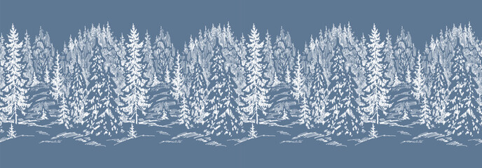 Seamless border of sketches fir forest in frosty snowy winter, vector hand drawn illustration