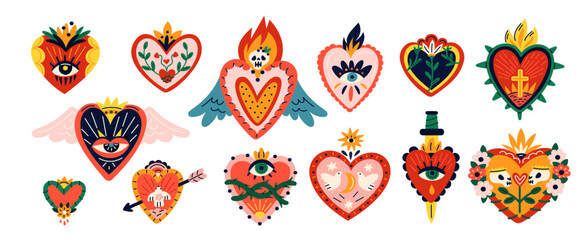 Sacred hearts. Mystical spirit objects. Mexican traditional love symbols. Burning hearts with eyes. Cultural charms. Tattoo design. Muertos skull. Religion cross or knife. Garish vector set