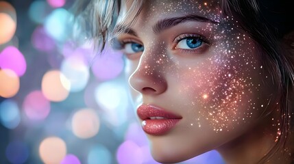 A Portrait of a Young Woman with Cosmic Sparkle, Emanating Dreamy Stardust in a Colorful Glowing Background, Capturing Beauty and Fantasy in a Stunning Close-Up