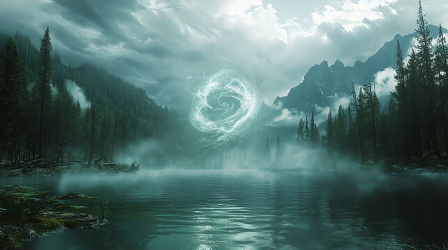 A powerful elemental spirit swirls above a tranquil lake surrounded by misty mountains in a mystical landscape at dawn - Powered by Adobe
