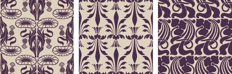 Seamless patterns of silhouettes vintage floral design decorative elements in art nouveau style, vector backgrounds, wallpaper, paper, textile, fabric
