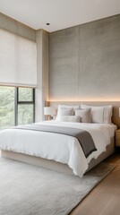 Modern, minimalist bedroom with large windows and natural light in a serene setting