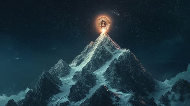 Golden Bitcoin Coin Illuminated on a Snow-Capped Mountain Peak at Night Symbolizing Cryptocurrency Achieving an All-Time High and Unprecedented Success in the Market