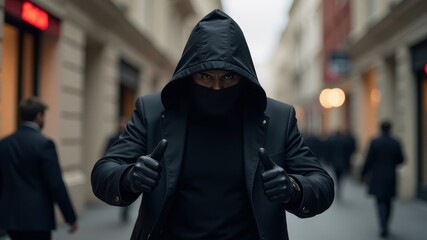 A thief in black clothes with a mask looks at the camera while on the street
