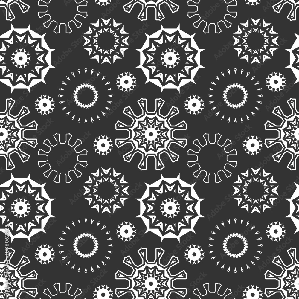 Poster seamless pattern with chaotically placed various white decorative elements on a black background. ve
