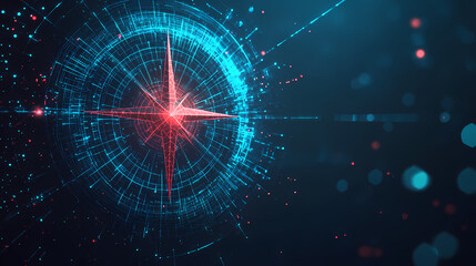 Digital goal compass success illustration. low polygonal wireframe. direction aiming at target on blue dark background. Vintage Futuristic. Illustration