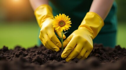 female hands in yellow rubber gloves replanting a flower in a garden
