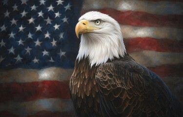 A majestic bald eagle in front of the American flag showcasing national pride and strength