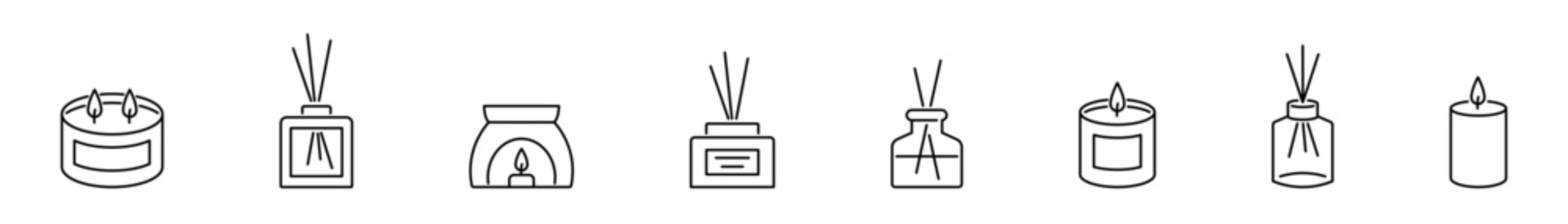 Candle, aroma diffuser icons set. Interior accessories fragrance icons. Vector