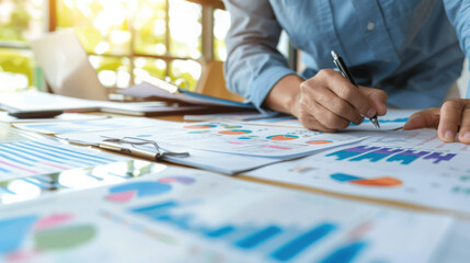 Fototapeta premium Business consulting meeting is discussing business plan analysis with financial data and business growth charts to plan strategies for generating company profits.