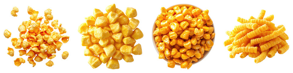 Puffed corn snacks isolated on transparent background, Set of