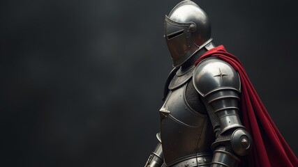 Fototapeta premium knight in iron armor and red cloak standing on dark background