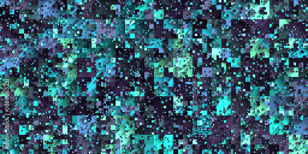 Poster seamless geometric pattern with random size flat layered multicolored squares in blue teal purple to