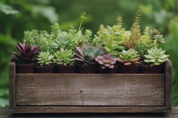 Beautiful collection of succulents in wooden planter on a sunny day in a garden setting
