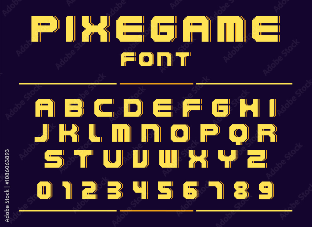 Fototapete pixel game font. retro computer graphic style alphabet. 8 bit arcade play design letters and numbers