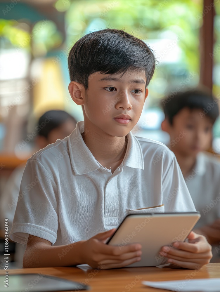 Poster focused asian school boy using digital tablet at class in classroom. attentive junior school student