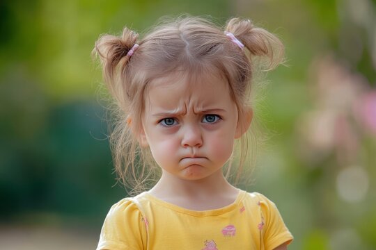 Portrait of grumpy little girl making a funny face and frowning outdoors