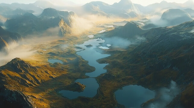 Misty prehistoric valley adorned with serene small lakes and surrounded by majestic mountains during early morning light