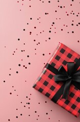 Obraz premium A beautifully wrapped gift sits on a festive pink background scattered with colorful confetti
