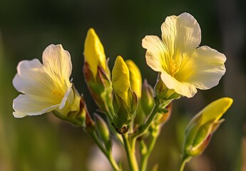 Fototapeta premium Delicate Yellow Blooms of Evening Primrose in Soft Natural Light, Capturing the Beauty of Nature's Flora against a Blurred Green Background