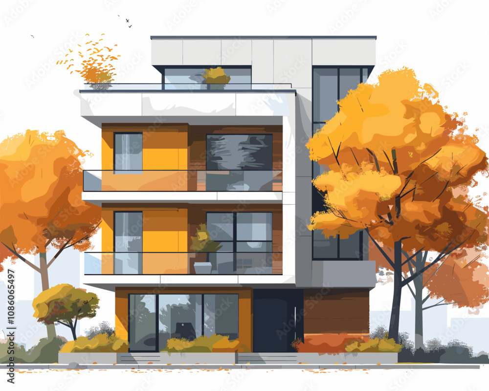 Poster tall building with a lot of windows and a balcony. the building is orange and white. the trees in fr