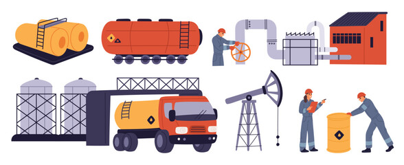 Oil industry workers. Cartoon oilmen in workwears. Gas pipes. Industrial containers or barrels. Petroleum engineers. Gasoline logistics. Refinery plant. Truck cistern. Garish vector set