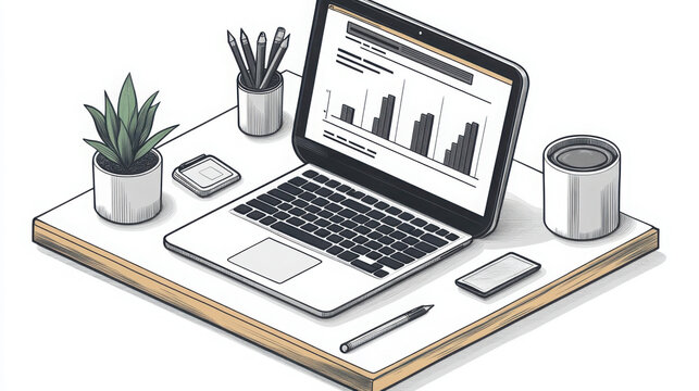 laptop on desk with plant and accessories clip art preview