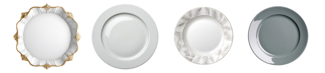 Beautiful ceramic grey plate, elegant dinnerware set collection on transparent cutout background, PNG file. Mockup clipart template