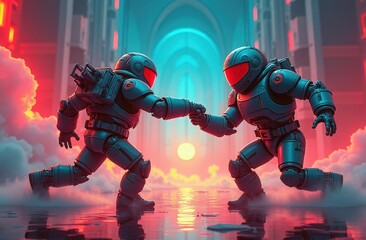 Two futuristic robots engage in a powerful handshake under a glowing sunset in a vibrant, mystical setting filled with clouds