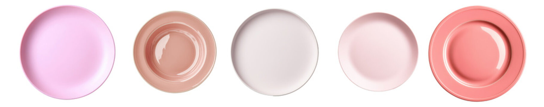 Beautiful ceramic pink plate, elegant dinnerware set collection on transparent cutout background, PNG file. Mockup clipart template