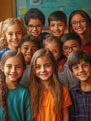 Fototapeta premium Happy diverse junior school students children group looking at camera standing in classroom. Smiling multiethnic cool kids boys and girls friends posing for group portrait together.